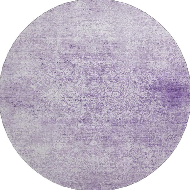 8' Lilac And Ivory Oriental Washable Round Rug With UV Protection