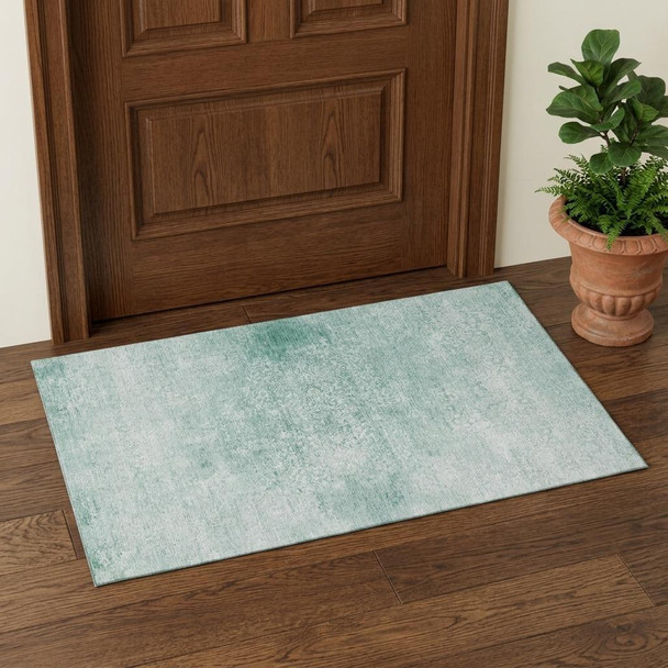 3' X 5' Turquoise And Ivory Oriental Washable Area Rug With UV Protection