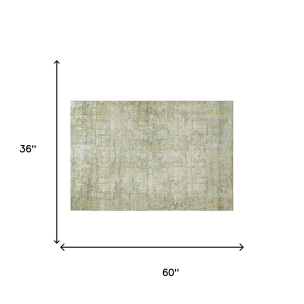 3' X 5' Beige And Green Oriental Washable Area Rug With UV Protection