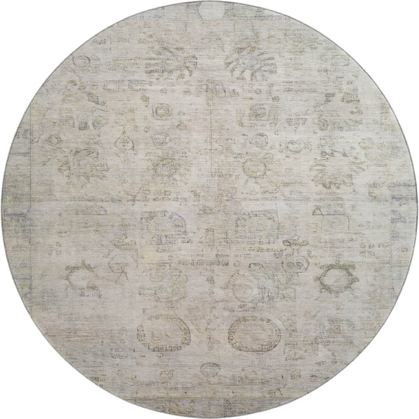 8' Linen And Beige Oriental Washable Round Rug With UV Protection