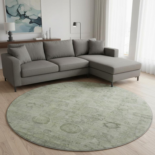 8' Sage And Gray Oriental Washable Round Rug With UV Protection