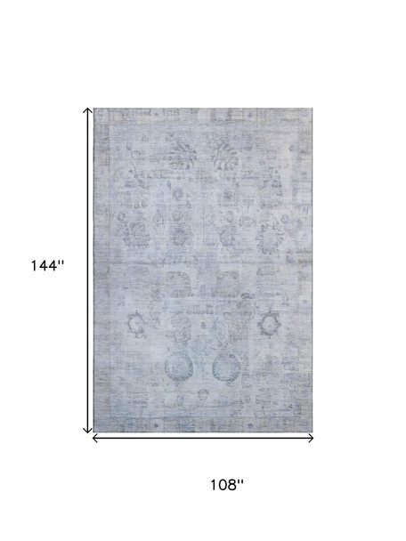 9' X 12' Sky Blue And Gray Oriental Washable Area Rug With UV Protection