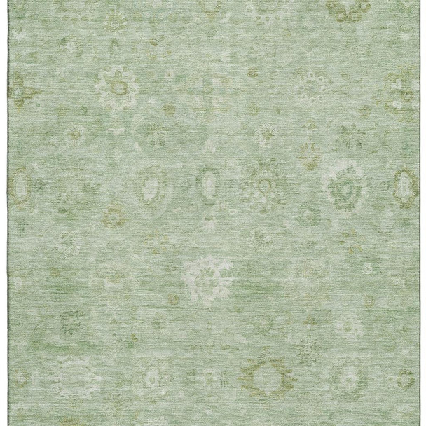 5' X 8' Artichoke Green And Ivory Damask Washable Area Rug With UV Protection