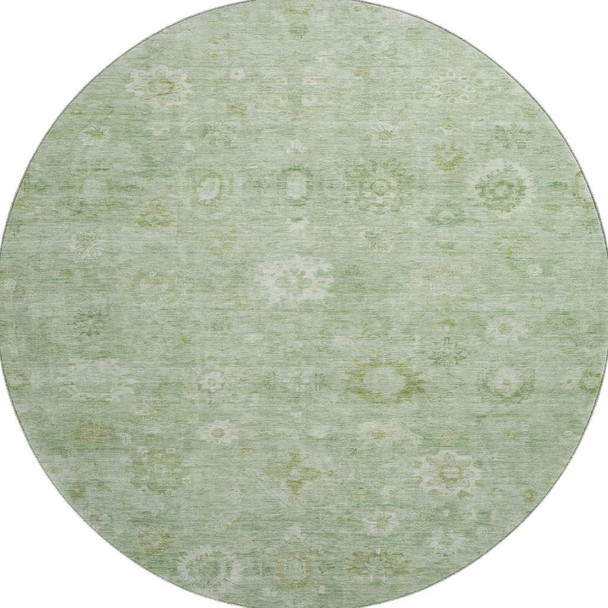 8' Artichoke Green And Ivory Damask Washable Round Rug With UV Protection