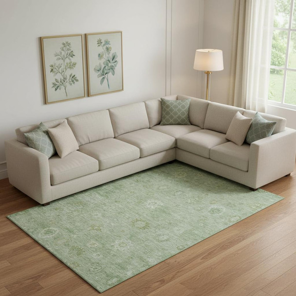 9' X 12' Artichoke Green And Ivory Damask Washable Area Rug With UV Protection