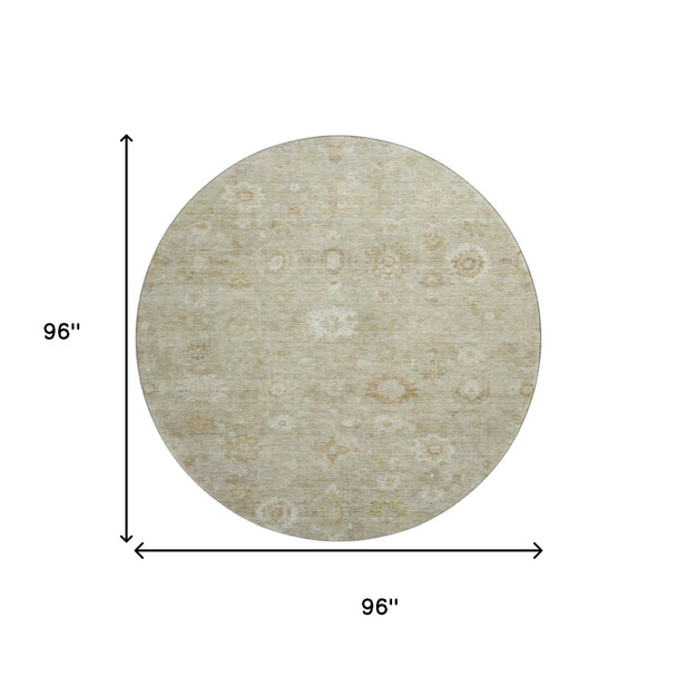 8' Beige And Ivory Damask Washable Round Rug With UV Protection
