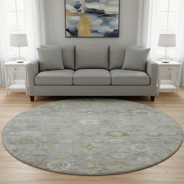 8' Gray Gold And Ivory Damask Washable Round Rug With UV Protection