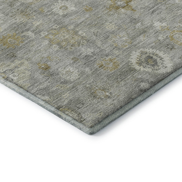 10' X 14' Gray Gold And Ivory Damask Washable Area Rug With UV Protection