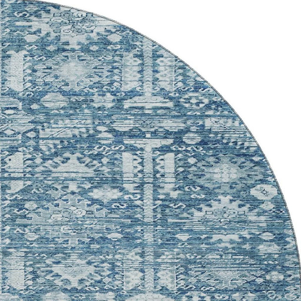 8' Denim Blue And Ivory Oriental Washable Round Rug With UV Protection