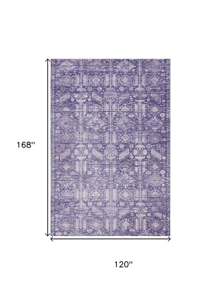 10' X 14' Purple And Ivory Oriental Washable Area Rug With UV Protection