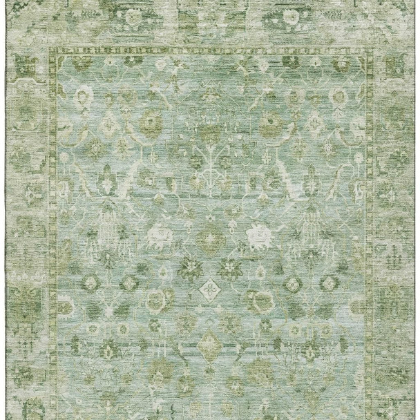3' X 5' Artichoke Green And Ivory Oriental Washable Area Rug With UV Protection
