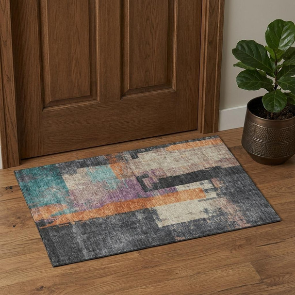 3' X 5' Charcoal Orange And Purple Abstract Washable Area Rug With UV Protection