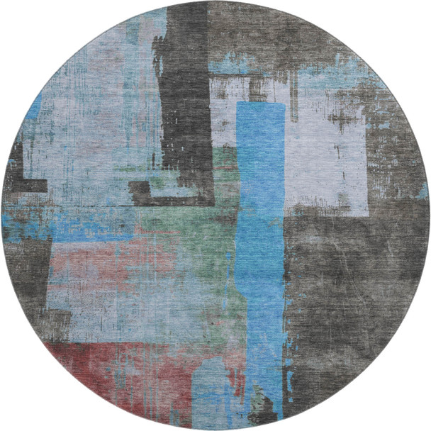 8' Sky Blue Gray And Silver Abstract Washable Round Rug With UV Protection
