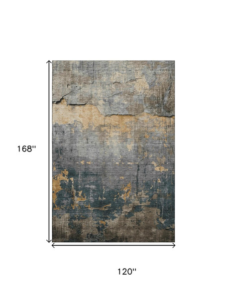 10' X 14' Gray Silver And Gold Abstract Washable Area Rug With UV Protection