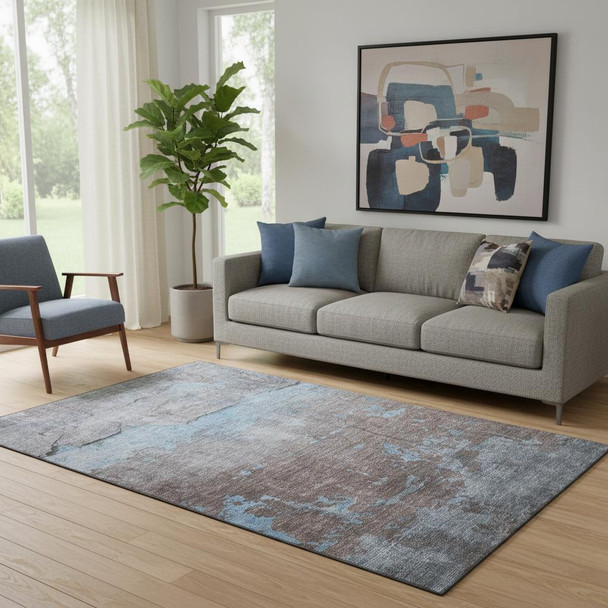 5' X 8' Sky Blue Gray And Silver Abstract Washable Area Rug With UV Protection