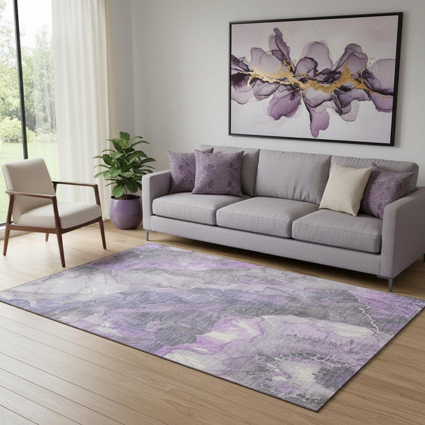 5' X 8' Purple Ivory And Gray Floral Washable Area Rug With UV Protection