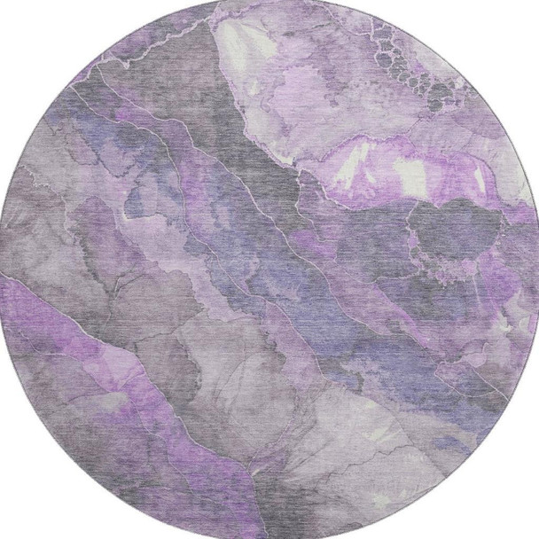 8' Purple Ivory And Gray Floral Washable Round Rug With UV Protection