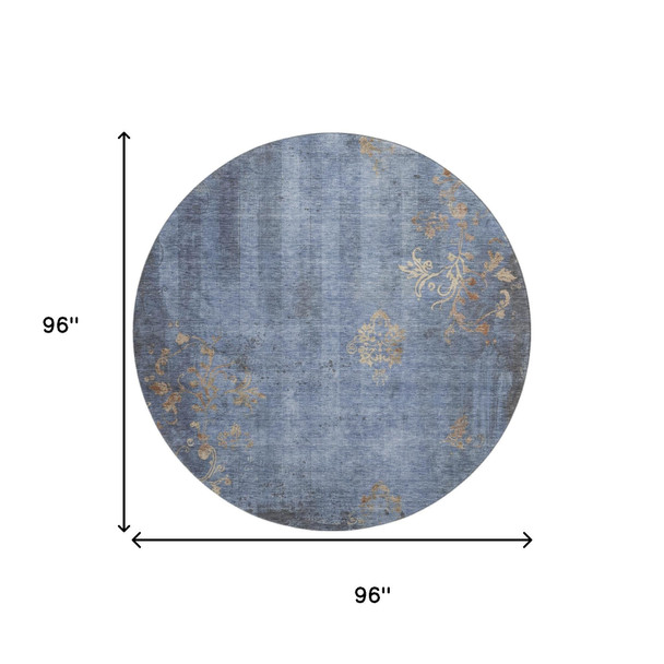 8' Denim Blue And Beige Floral Washable Round Rug With UV Protection