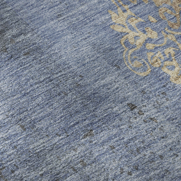 10' X 14' Denim Blue And Beige Floral Washable Area Rug With UV Protection