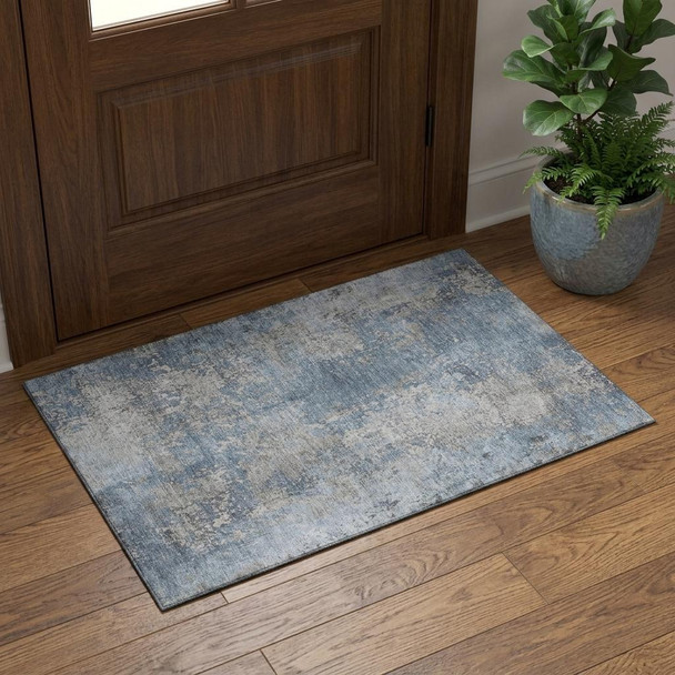 3' X 5' Denim Blue And Gray Abstract Washable Area Rug With UV Protection