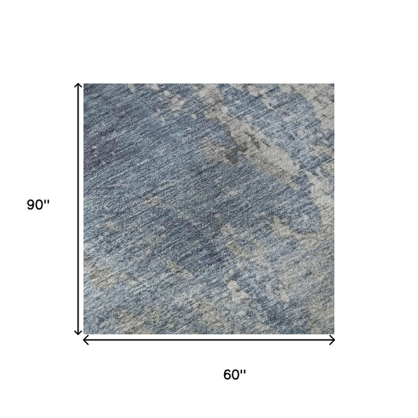 5' X 8' Denim Blue And Gray Abstract Washable Area Rug With UV Protection