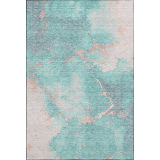 5' X 8' Teal And Peach Abstract Washable Area Rug With UV Protection