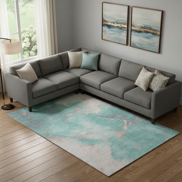 9' X 12' Teal And Peach Abstract Washable Area Rug With UV Protection