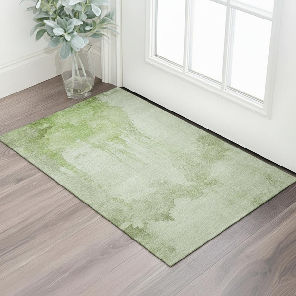 3' X 5' Artichoke Green And Ivory Abstract Washable Area Rug With UV Protection