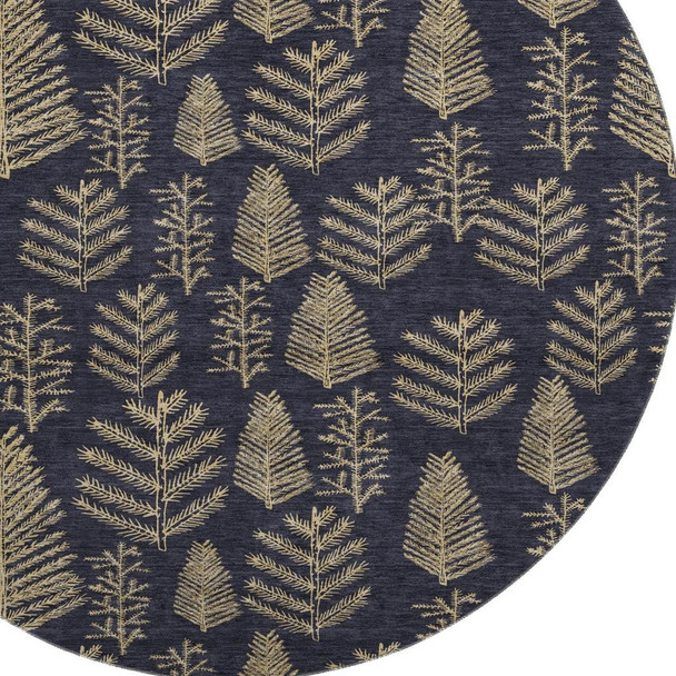 8' Black And Gold Floral Washable Round Rug With UV Protection