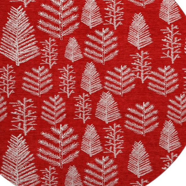 8' Red And Ivory Floral Washable Round Rug With UV Protection