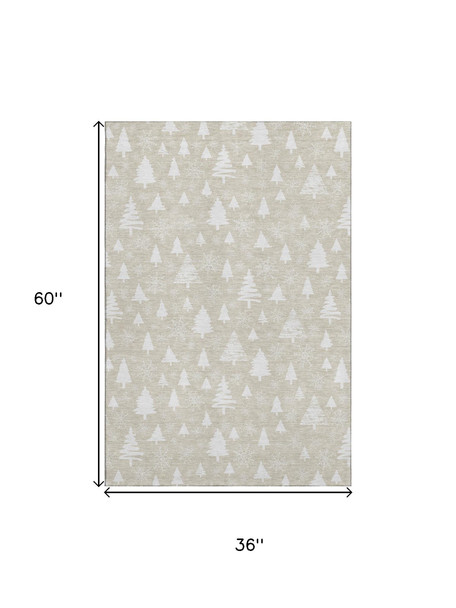 3' X 5' Beige And Ivory Abstract Geometric Washable Area Rug With UV Protection
