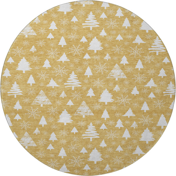 8' Gold And Ivory Abstract Geometric Washable Round Rug With UV Protection