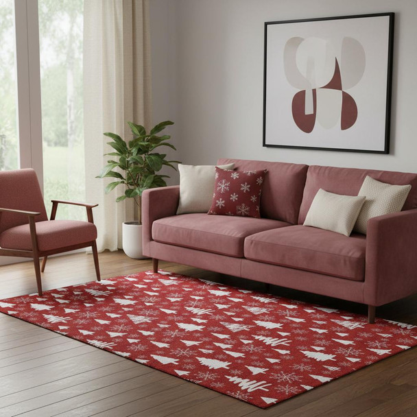 5' X 8' Red And Ivory Abstract Geometric Washable Area Rug With UV Protection