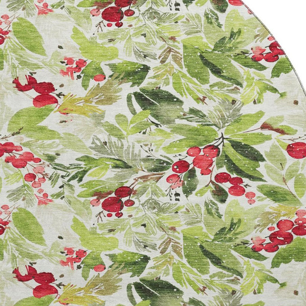 8' Artichoke Green Red And Ivory Abstract Geometric Washable Round Rug With UV Protection