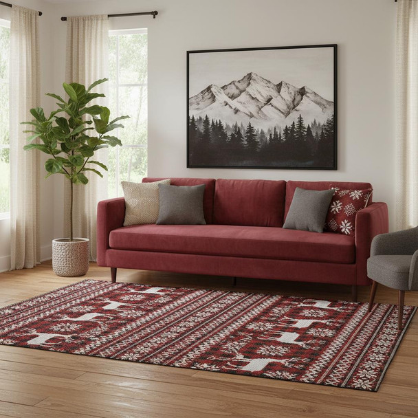 5' X 8' Red Black And Ivory Abstract Geometric Washable Area Rug With UV Protection