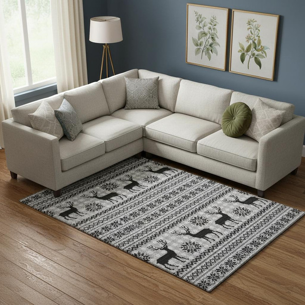 10' X 14' Silver Black And Ivory Abstract Geometric Washable Area Rug With UV Protection