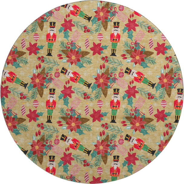 8' Gold Red And Black Abstract Geometric Washable Round Rug With UV Protection