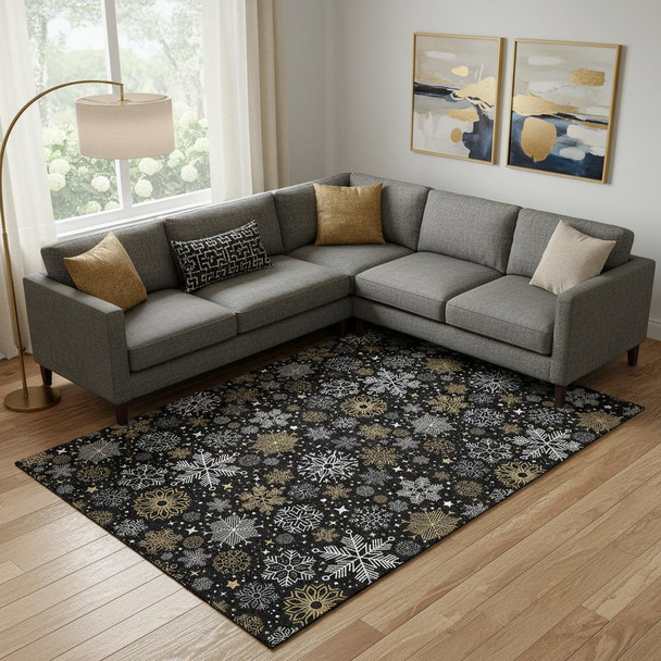 10' X 14' Black Gold And Ivory Abstract Geometric Washable Area Rug With UV Protection