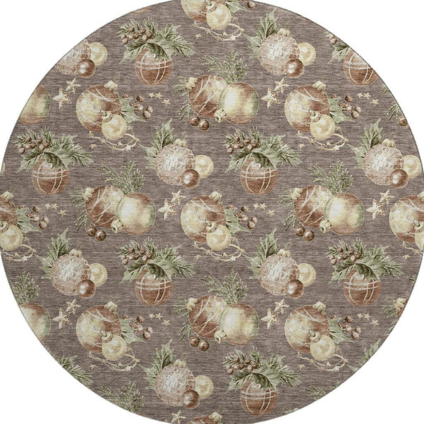 8' Taupe Brown And Beige Polka Dot Washable Round Rug With UV Protection