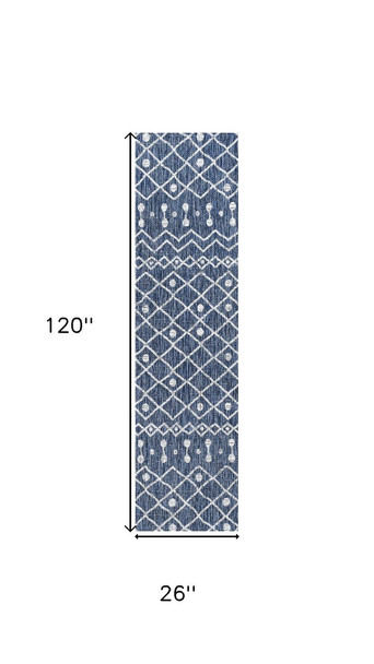 10' Blue And Ivory Trellis Indoor Outdoor Runner Rug