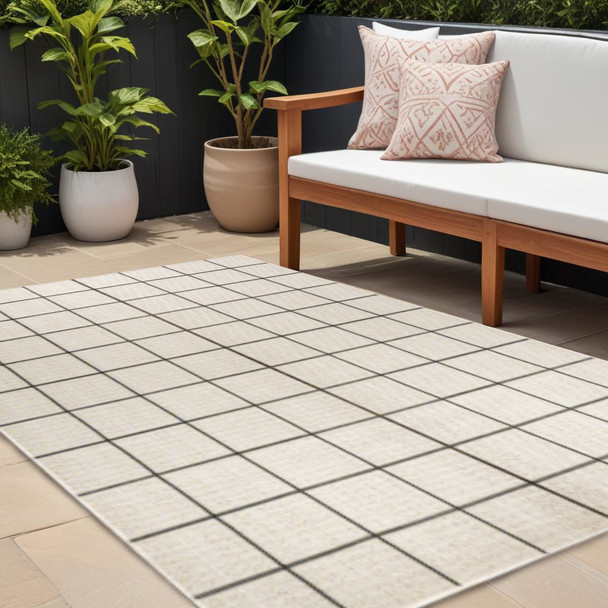 8' X 10' Cream And Dark Gray Plaid Indoor Outdoor Area Rug