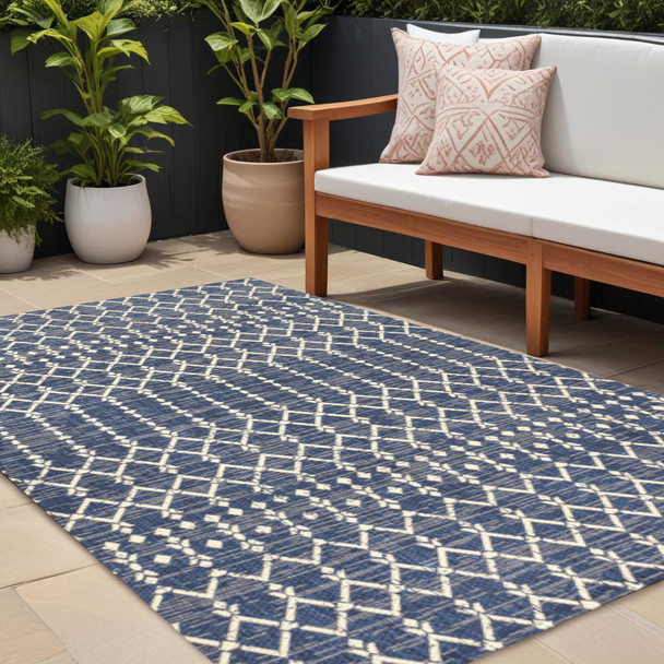 8' X 10' Navy Blue And Beige Trellis Indoor Outdoor Area Rug