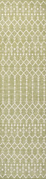 10' Light Green And Cream Trellis Indoor Outdoor Runner Rug