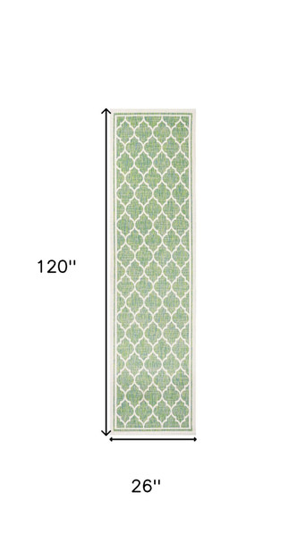 10' Cream And Green Geometric Indoor Outdoor Runner Rug