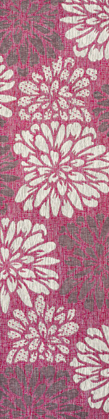 8' Fuchsia And Light Gray Floral Indoor Outdoor Runner Rug