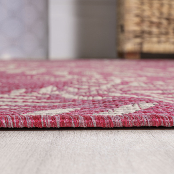 8' Fuchsia And Light Gray Floral Indoor Outdoor Runner Rug