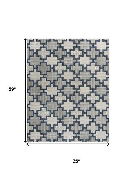 3' X 5' Navy Blue And Cream Trellis Indoor Outdoor Area Rug