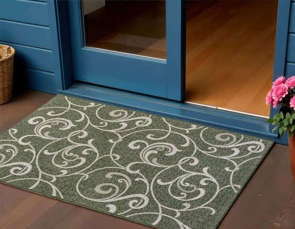3' X 5' Green And Cream Floral Indoor Outdoor Area Rug