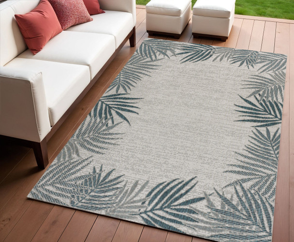 4' X 6' Blue And Cream Floral Indoor Outdoor Area Rug