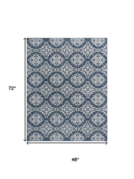 4' X 6' Navy Blue And Cream Floral Indoor Outdoor Area Rug